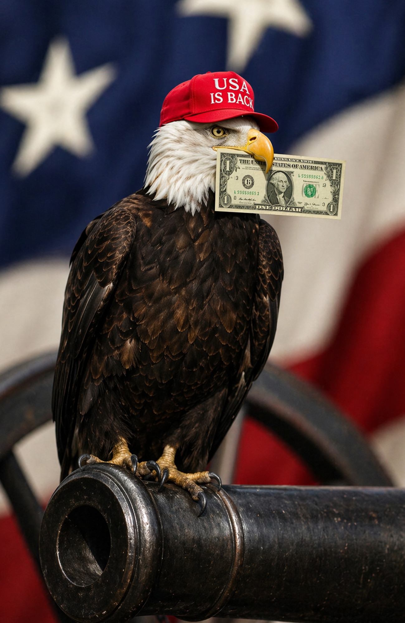 American bald eagle wearing USA IS BACK cap holding dollar