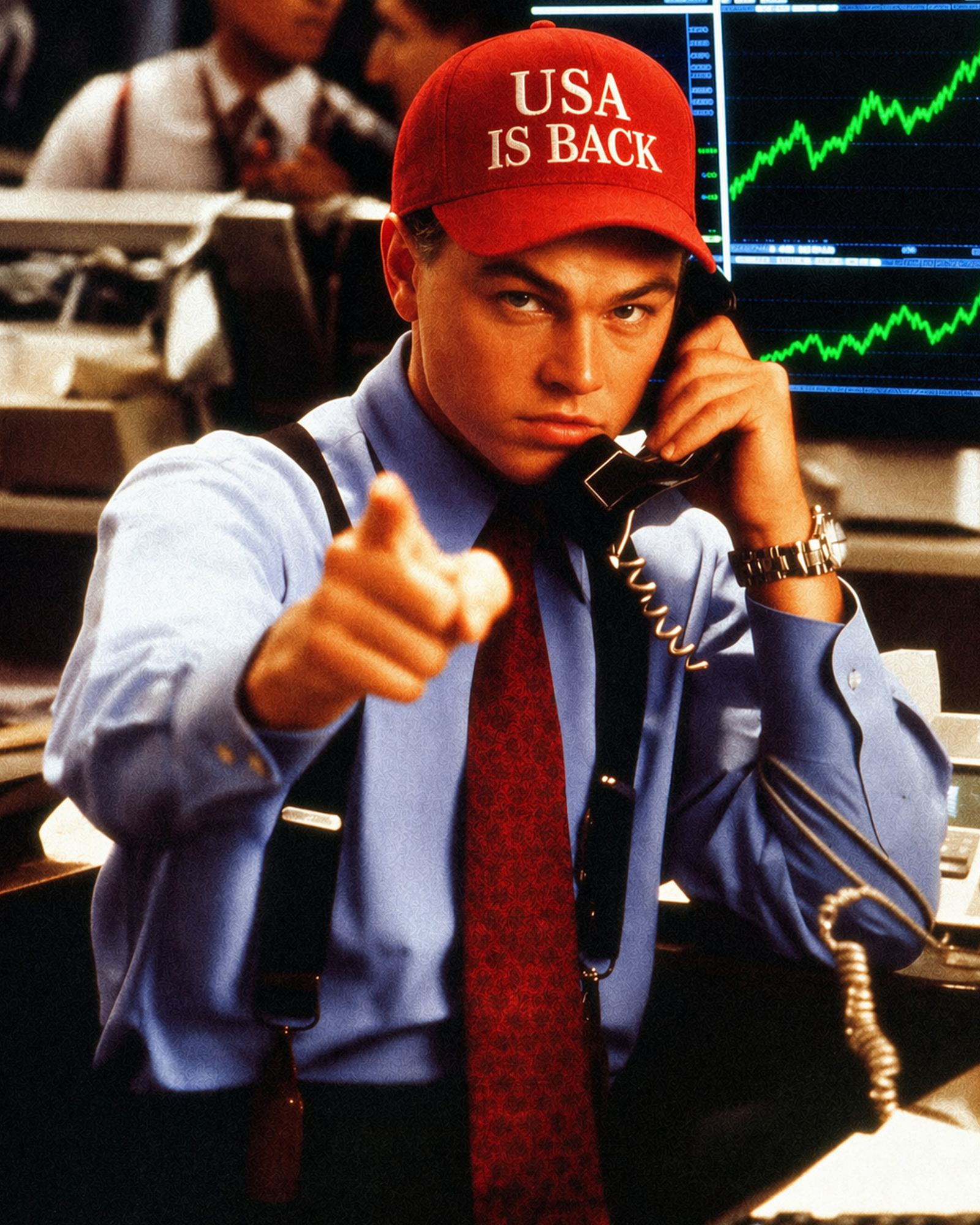 Trader on phone with stock market charts showing uptrend