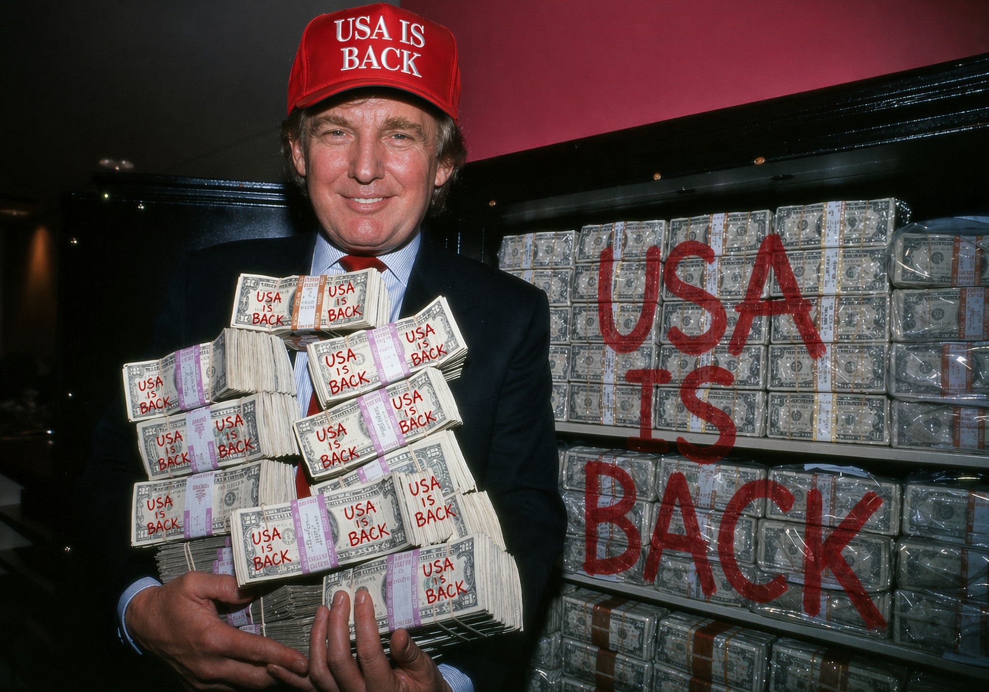 Man holding stacks of money with USA IS BACK vault