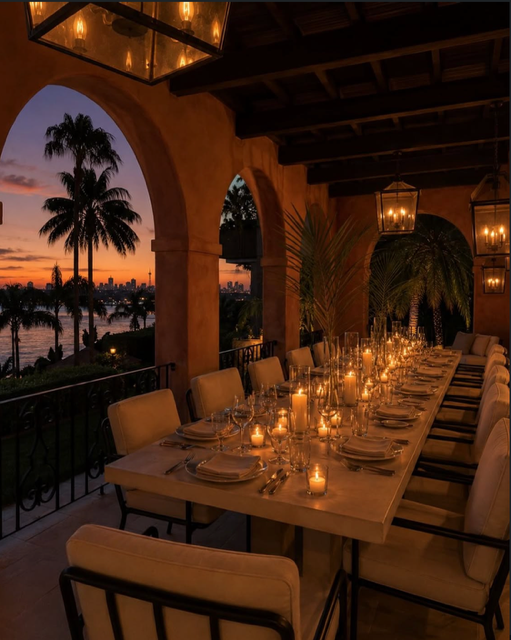 Dramatic dusk dining table under Villa Biscaya's arched loggia, lined with pillar candles and crystal glassware with palm trees and the Sydney harbour skyline glowing at sunset behind
