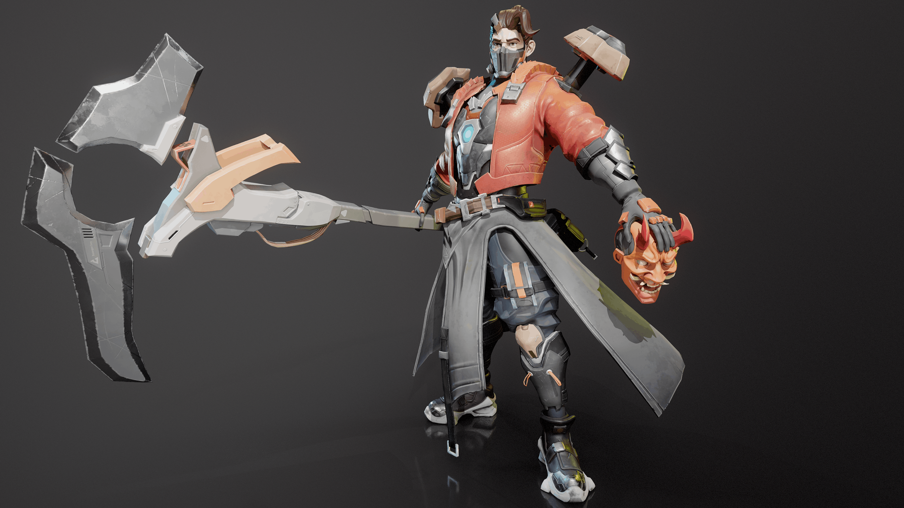Ninja Hunter Akio — full body hero pose holding oni mask