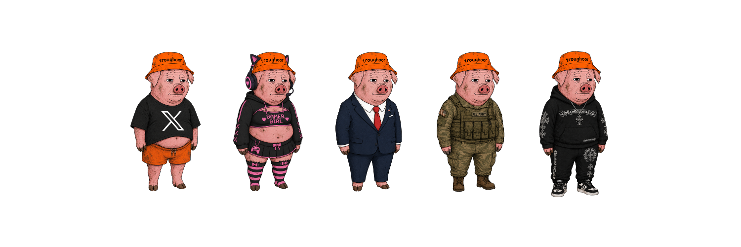 Troughoor character lineup - various pig mascots in different outfits