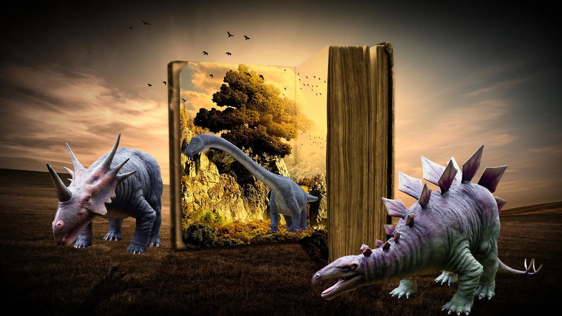Fantasy book concept art — dinosaurs emerging from magical book