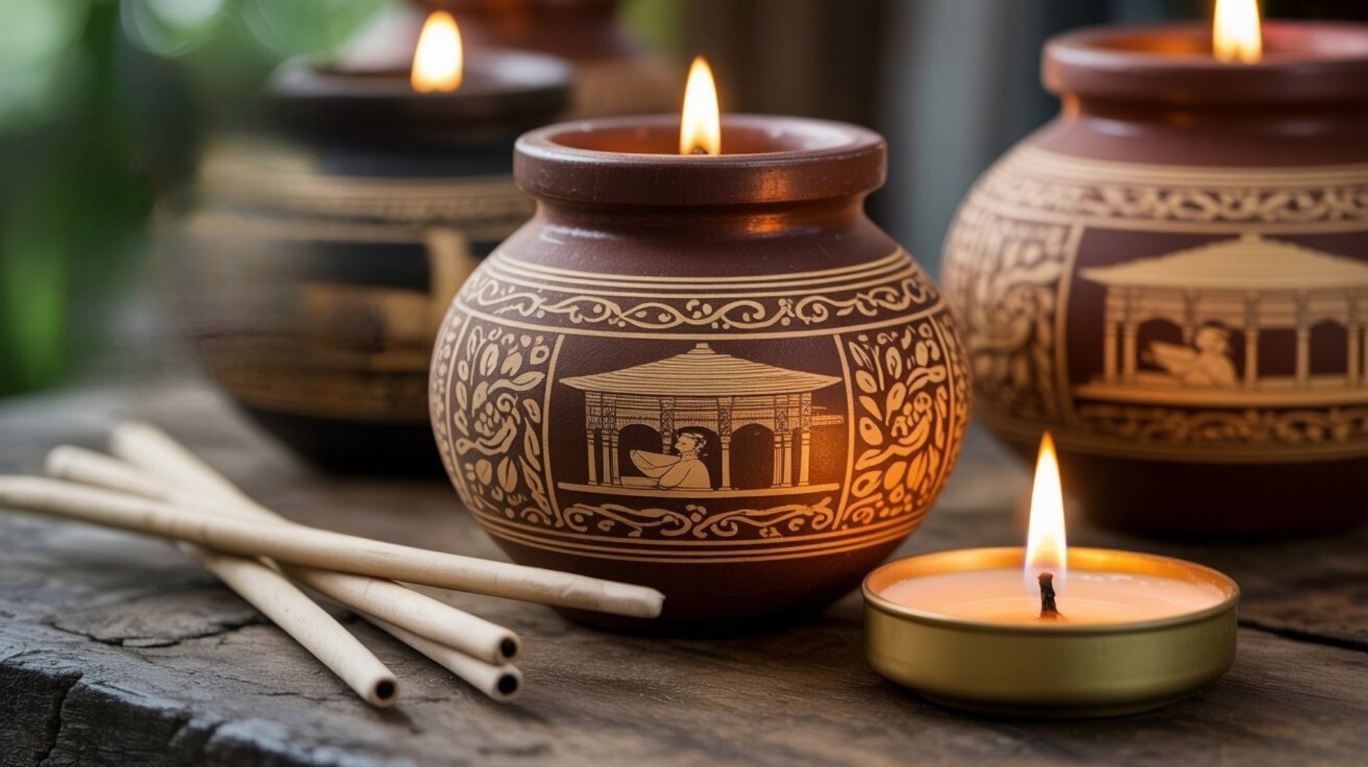Traditional Sri Lankan earthen pot candles and natural elements