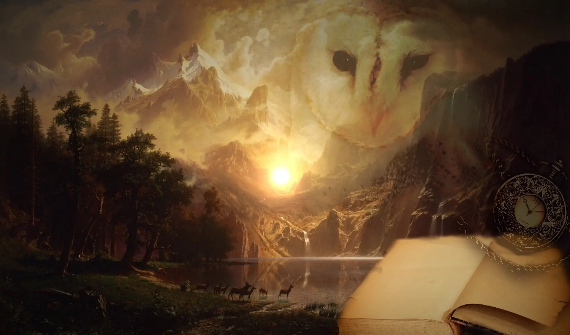 Fantasy landscape — dramatic sunset with mystical wolf and open book