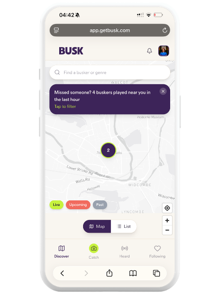 Busk app showing map view with nearby buskers
