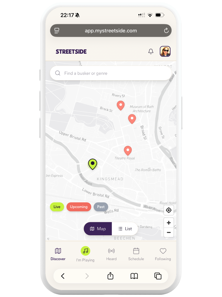 Streetside app showing map view with nearby street performers
