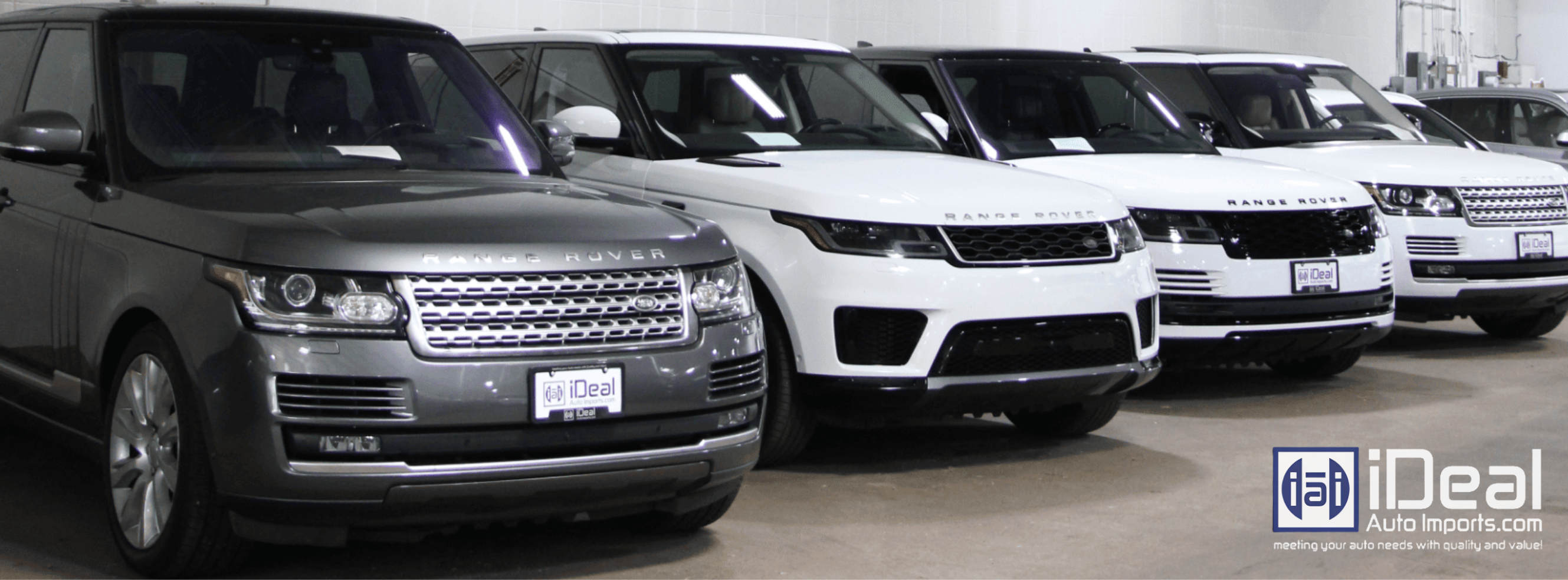 Ideal Auto Imports showroom lineup of pre-owned Range Rover vehicles