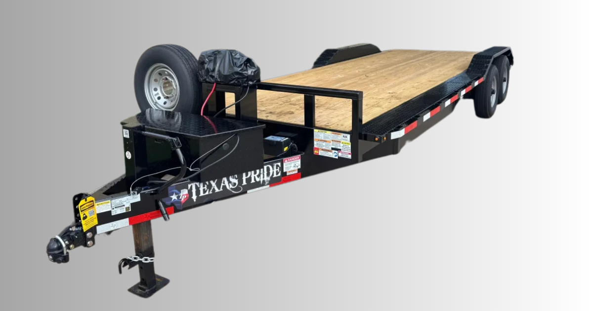 102" x 20' Texas Pride car hauler trailer, side angle product view