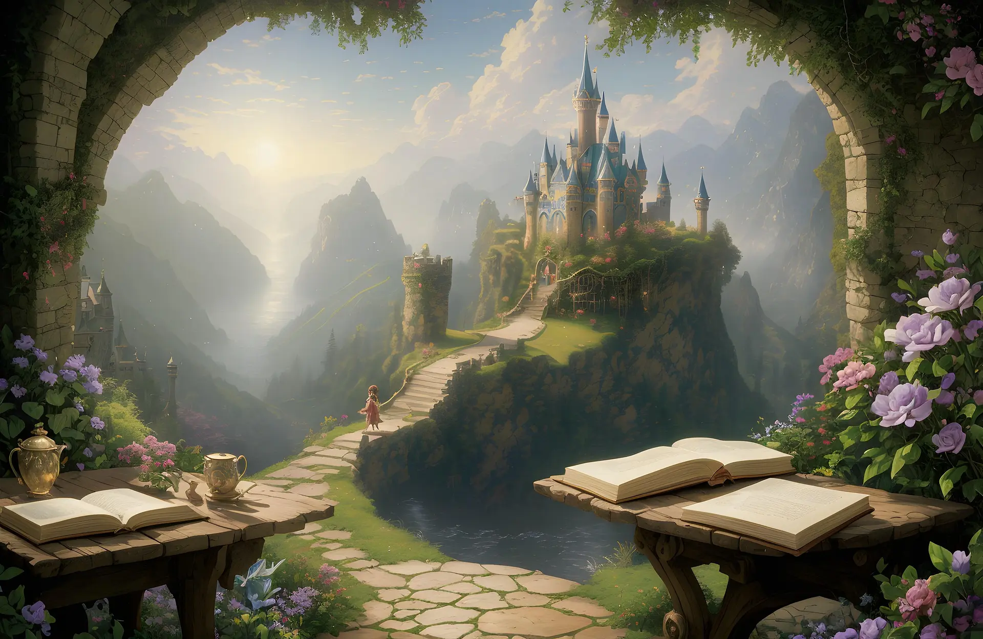 Fantasy illustration — enchanted castle landscape with open books