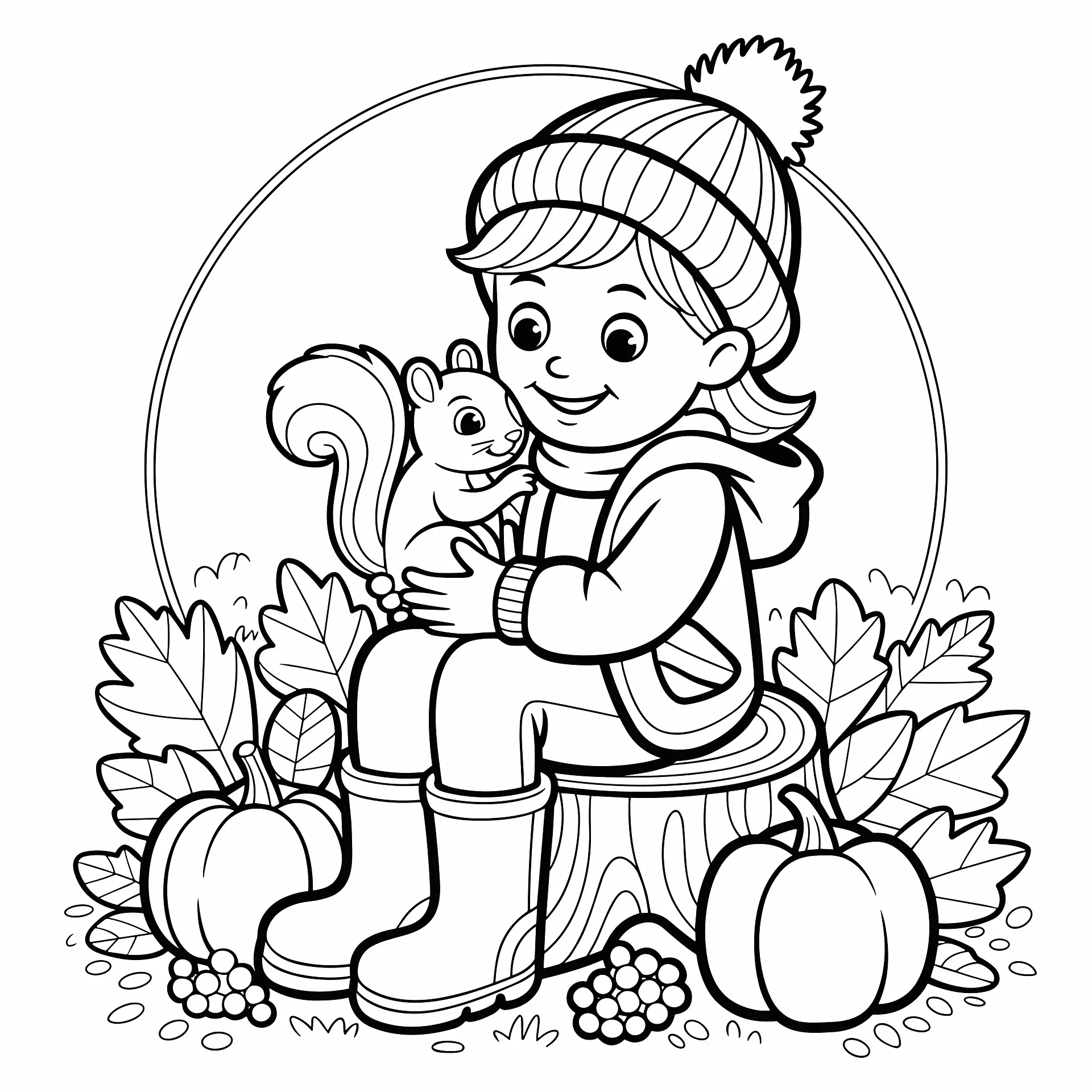 Coloring book illustration — child with squirrel in autumn scene