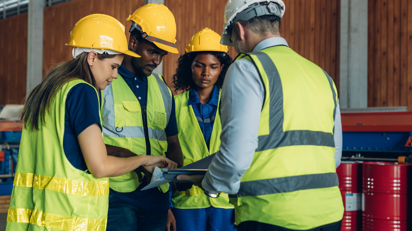 Diverse team of safety professionals in hard hats and safety vests collaborating on industrial safety management