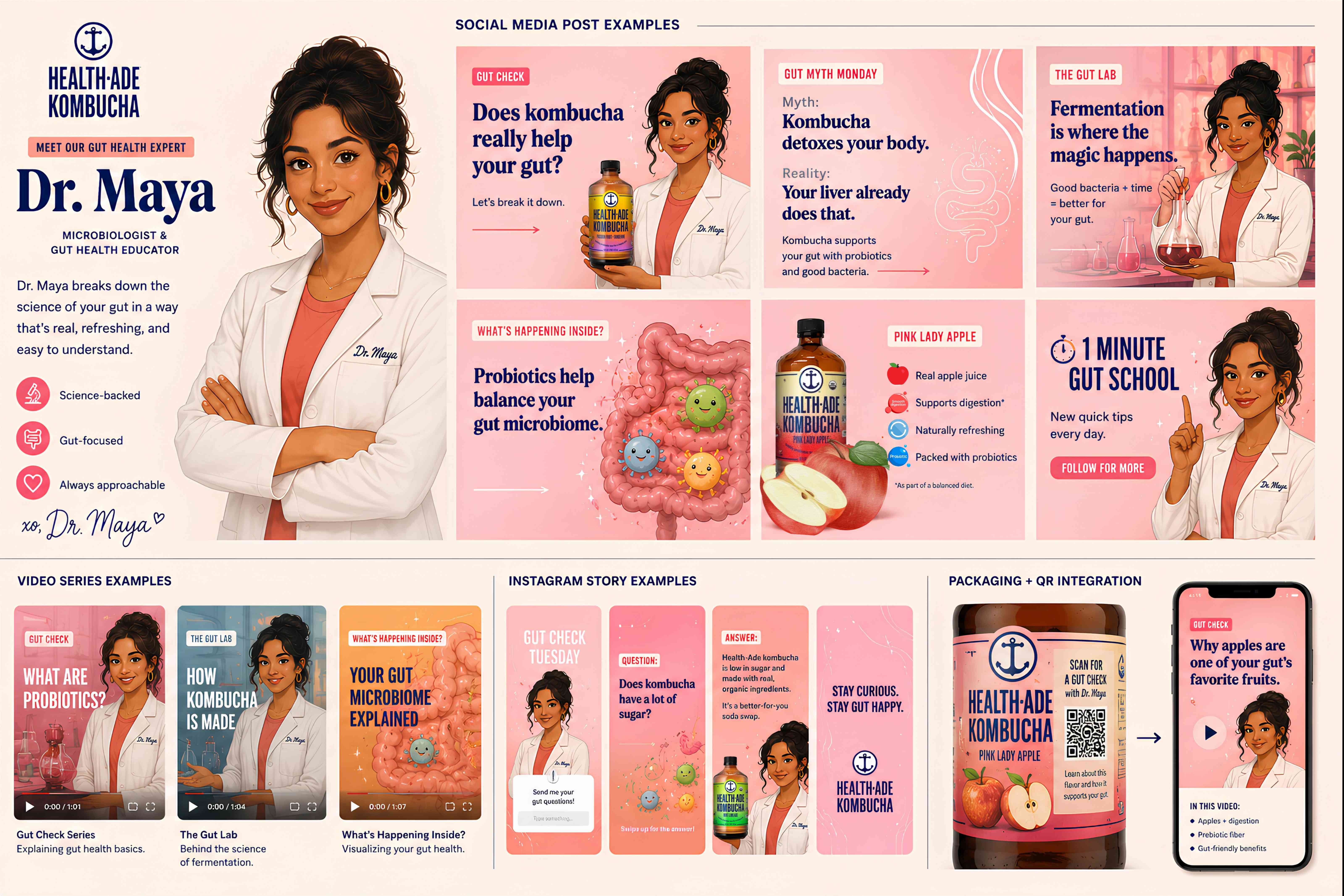 Dr. Maya comprehensive brand guide with social media posts, videos, stories, and packaging integration