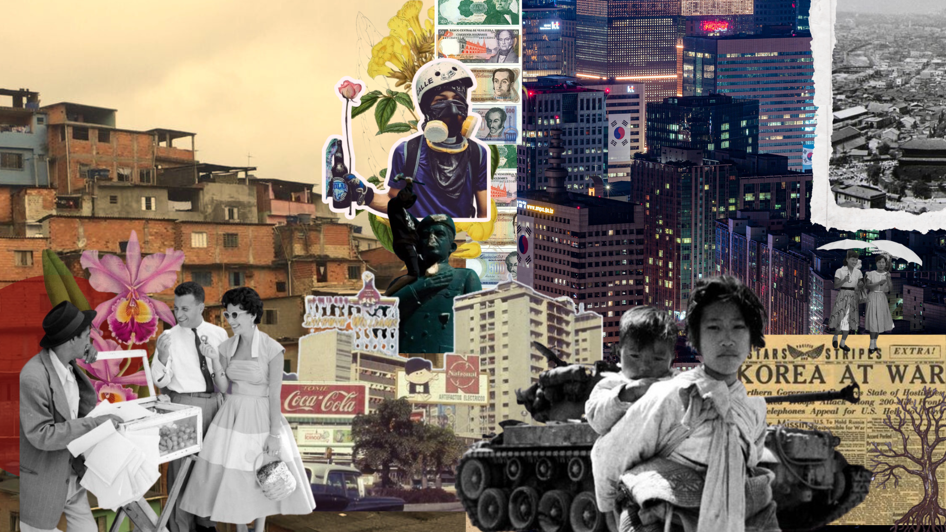 Complex collage representing global culture, history, and urban development