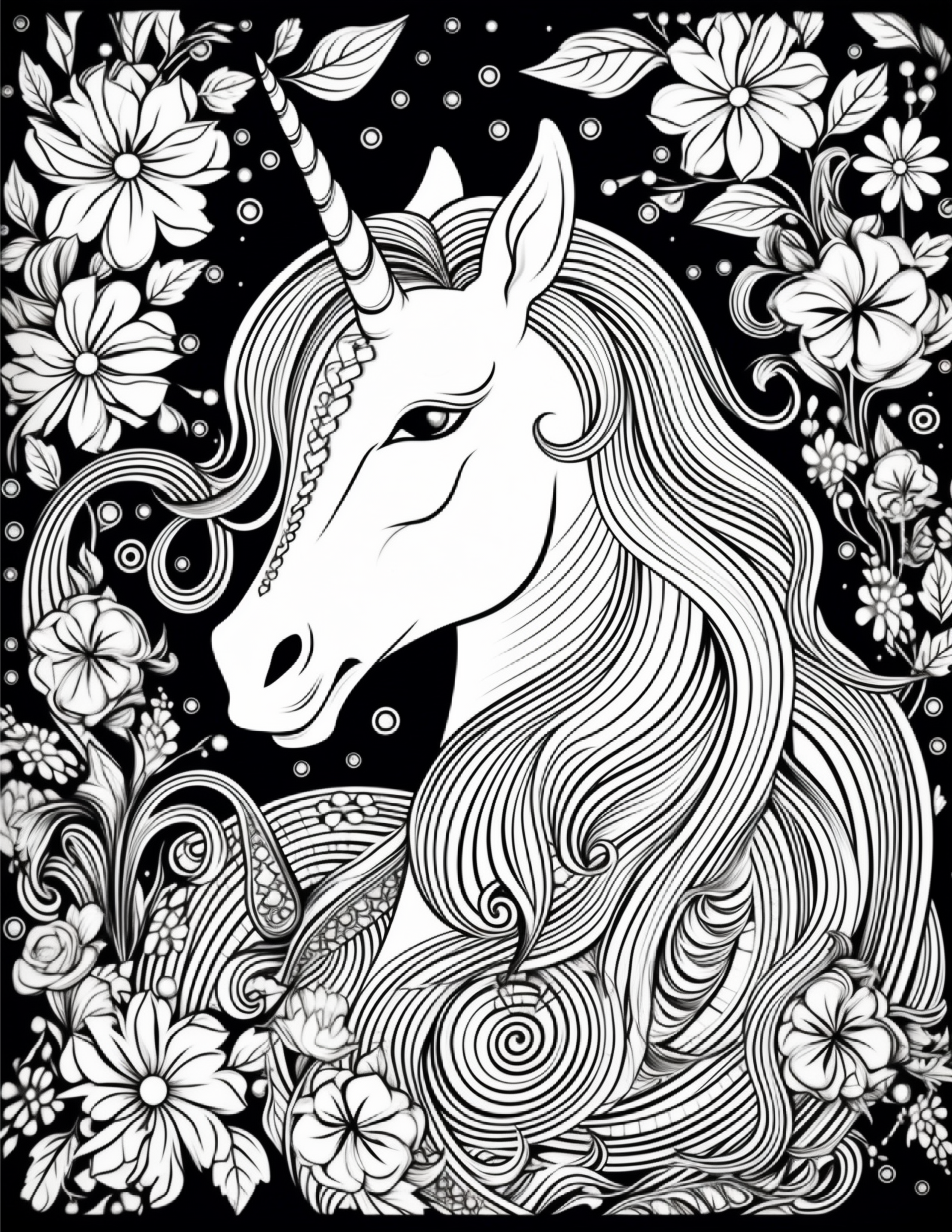 Unicórnio com flores para colorir