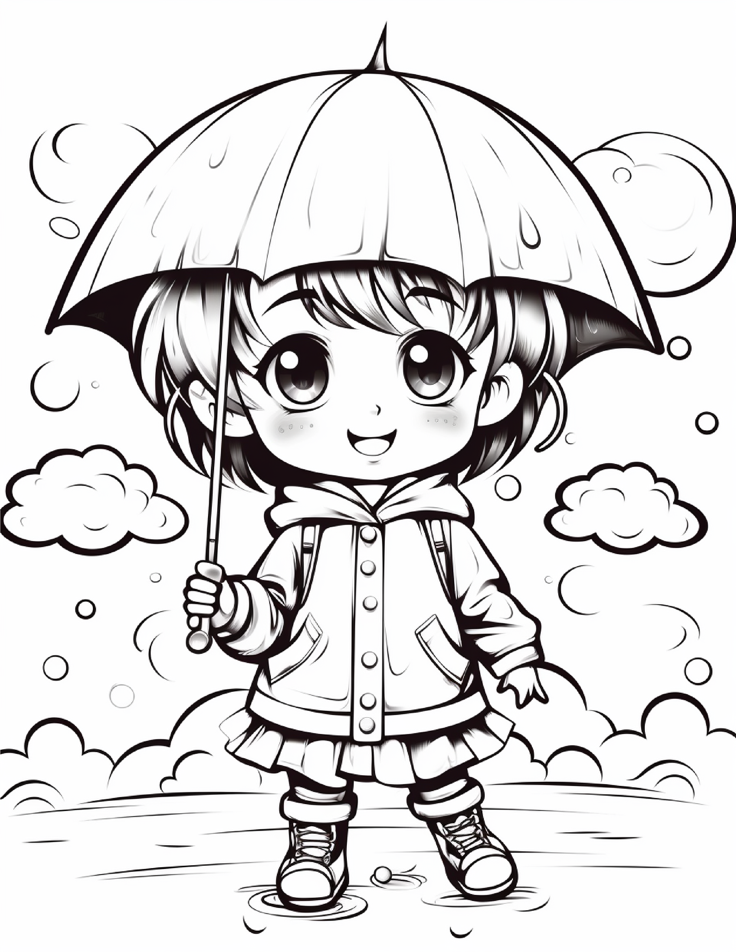 Menina chibi com guarda-chuva para colorir