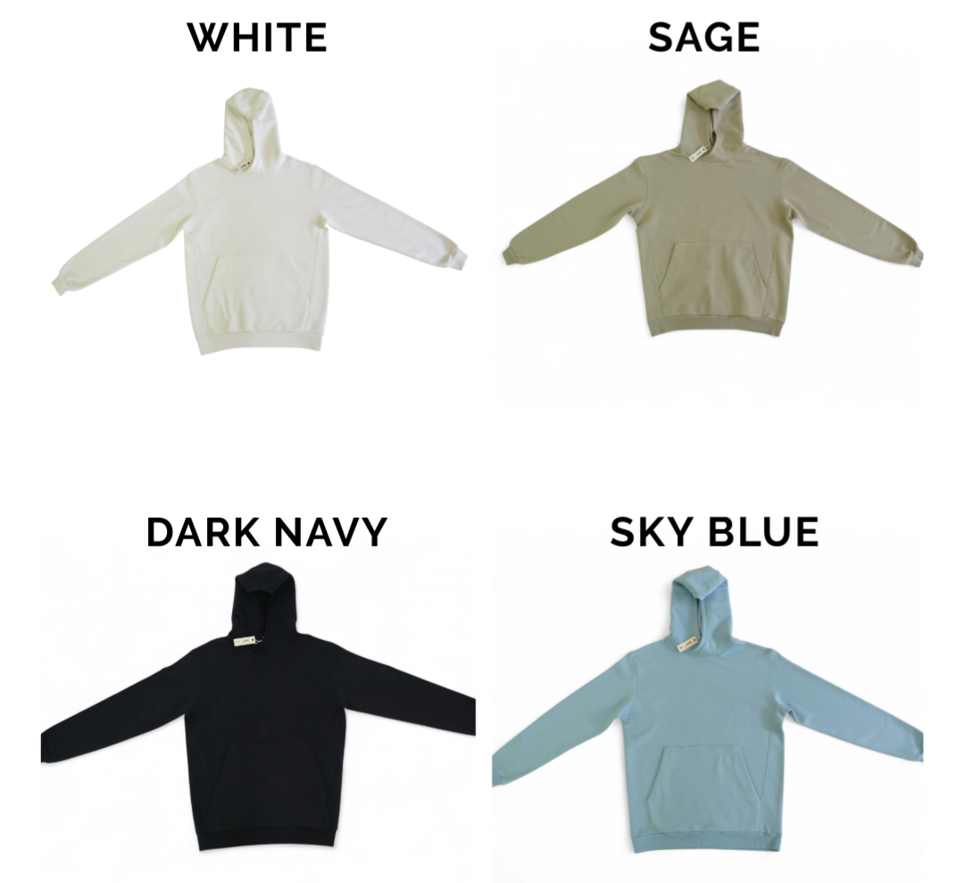 Color lineup of the sweatshirt hoodie in white, sage, dark navy, and sky blue.