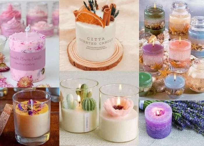 Collage de velas artesanales mostrando diferentes estilos y diseños