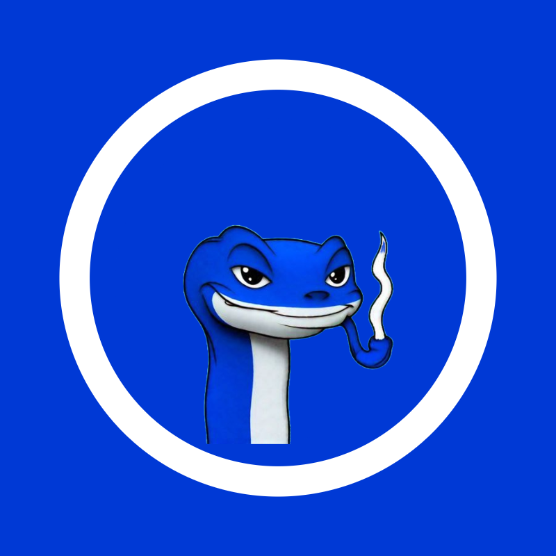 BasedSnek Character - A blue snake with a confident smirk