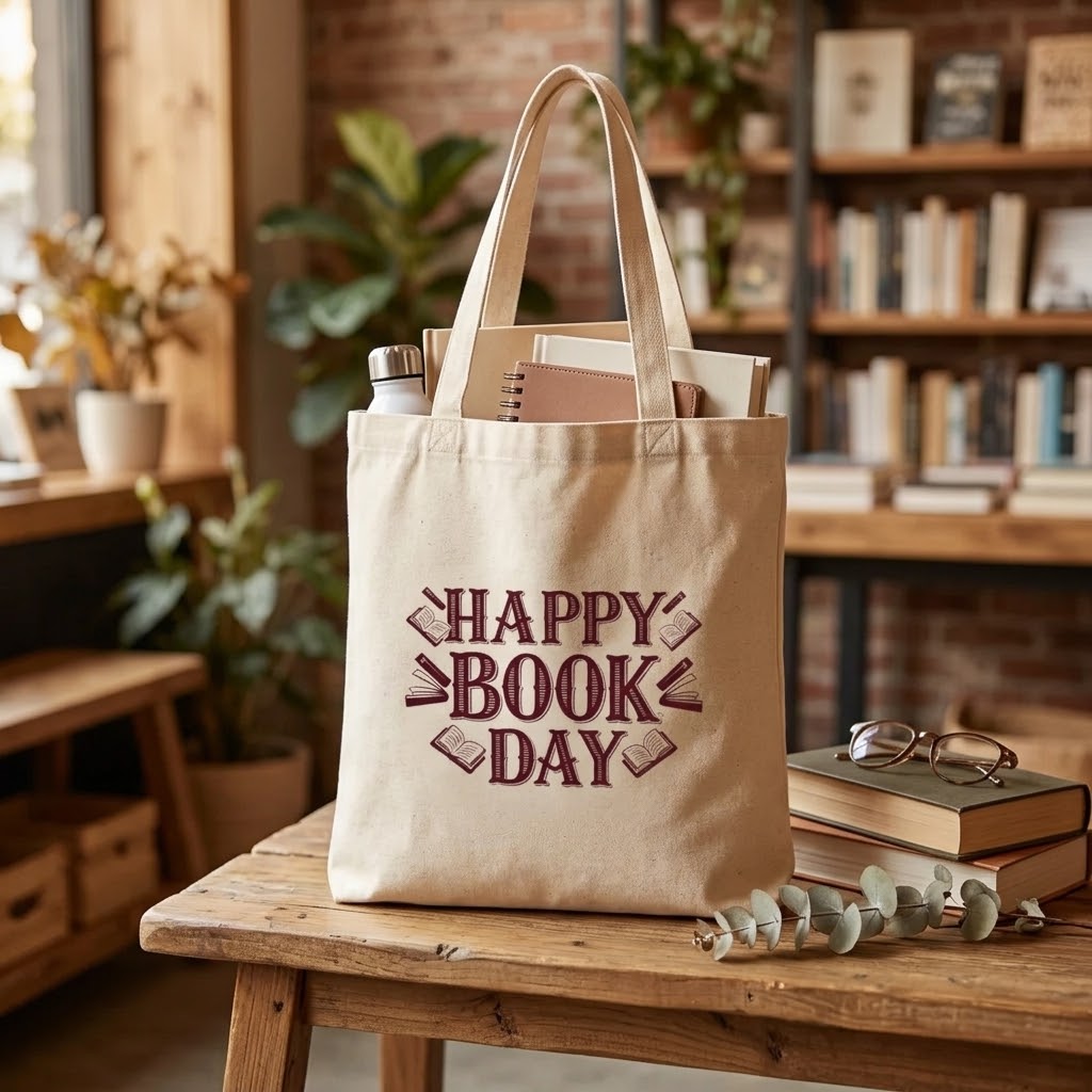 Natural cotton book tote displayed in a cozy bookstore