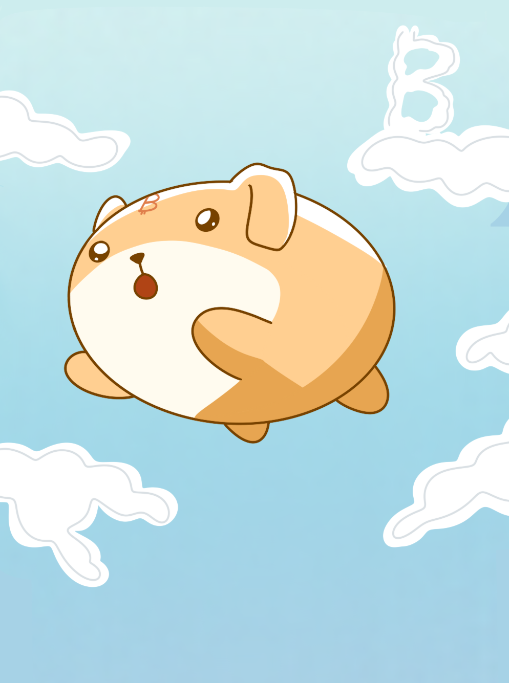 Bit Dog tumbling joyfully through a bright blue sky full of clouds