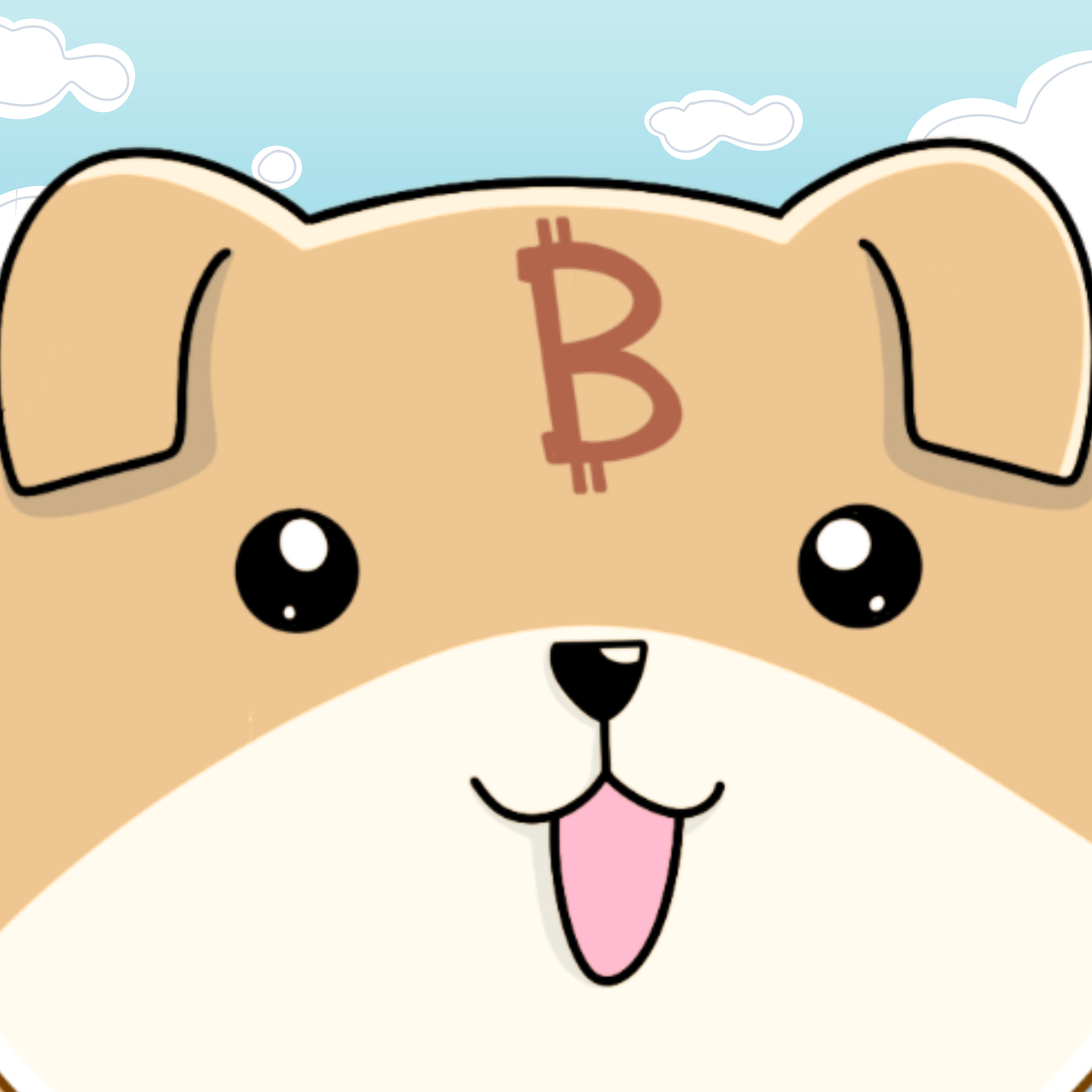 Close-up of Bit Dog born with a glowing bitcoin symbol on his forehead
