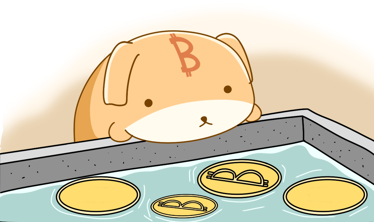 Bit Dog peering over an edge at glowing gold bitcoin coins floating in water