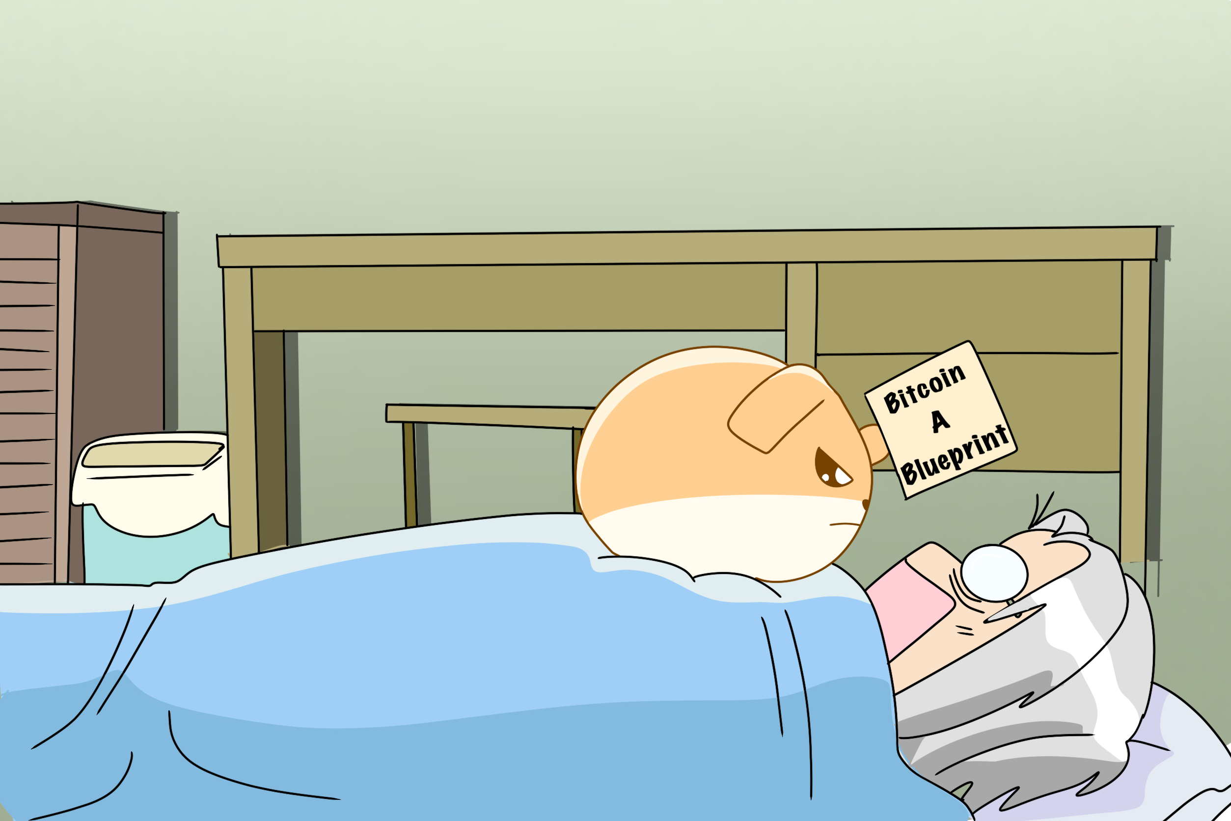 Bit Dog awake in bed at night clutching a paper reading Bitcoin: A Blueprint