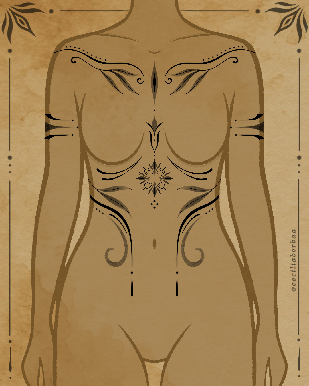 Bodysuit com linhas simétricas no peito e padrão ornamental central — Bodysuits por Cecília Borba