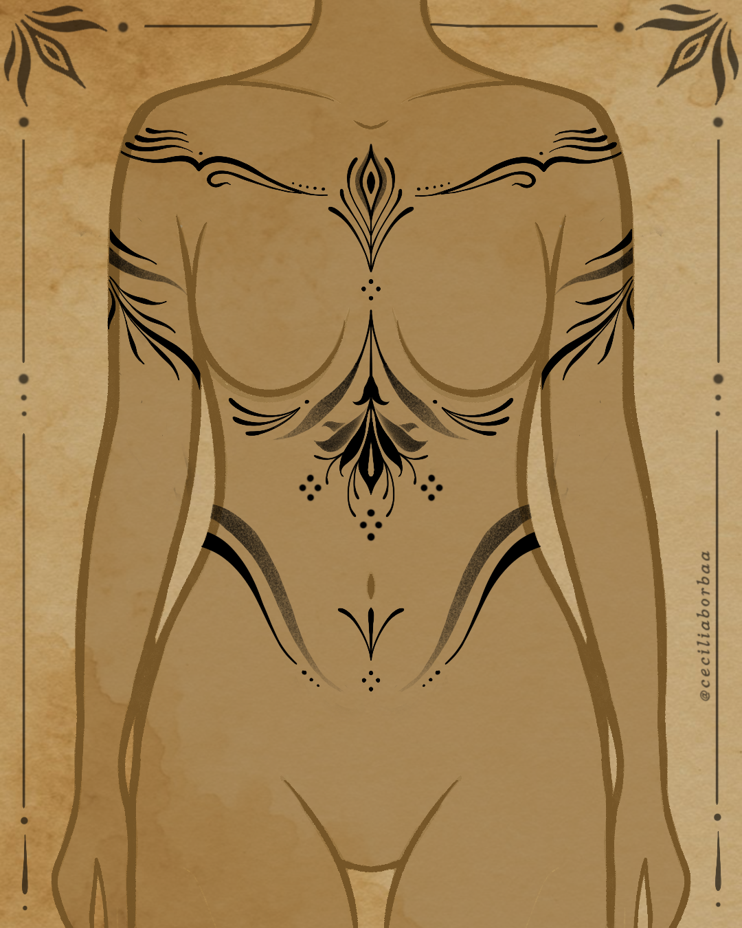Bodysuit com chamas e folhas no peito e padrão ornamental central — Bodysuits por Cecília Borba