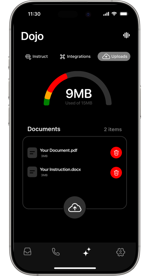 Dojo Uploads sub-tab showing a storage gauge reading 9MB used of 15MB, a Documents section listing two files with red delete buttons, and an upload cloud button