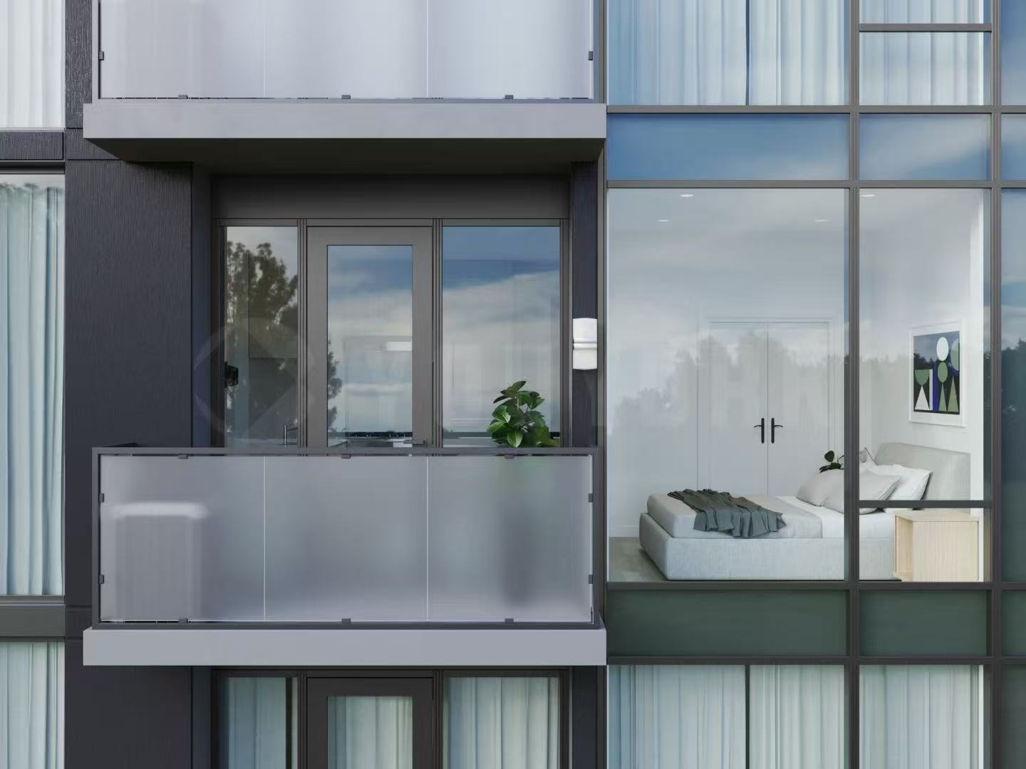 Urban21 facade detail with glass windows, dark metal framing, and balcony