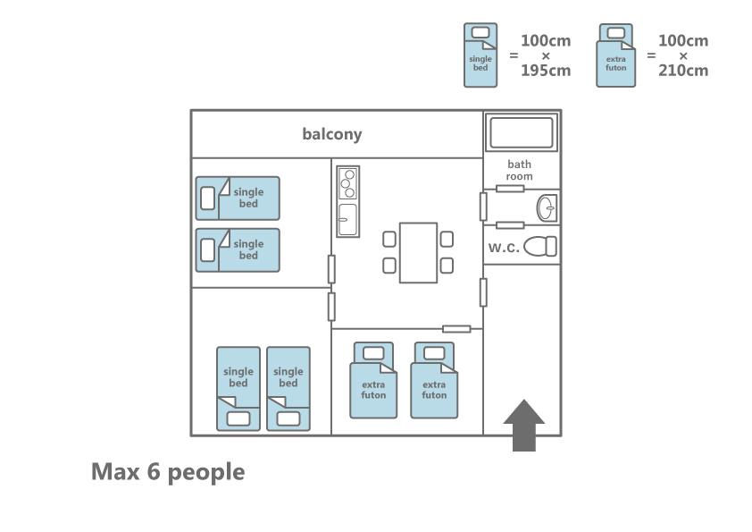 Usagi floor plan showing single-floor layout with balcony, 4 single beds, 2 extra futons, bathroom and W.C. for up to 6 guests