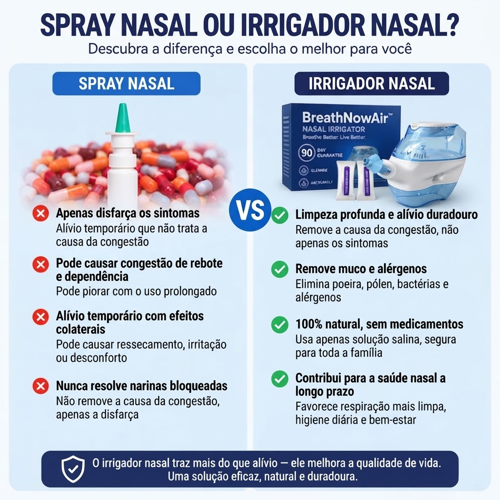 Comparação entre spray nasal e irrigador nasal BreatheX, destacando limpeza profunda, alívio duradouro e solução natural sem medicamentos
