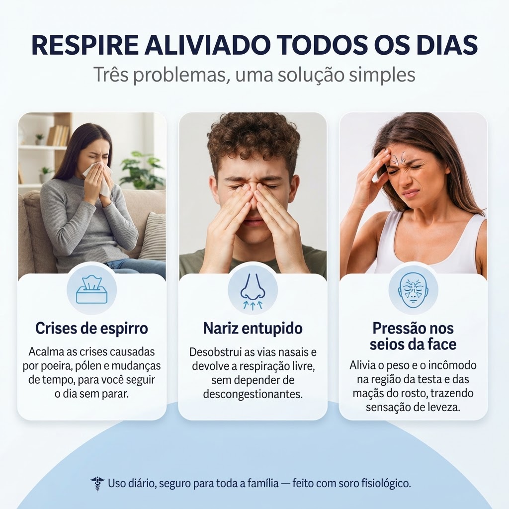 Três situações de desconforto respiratório: crises de espirro, nariz entupido e pressão nos seios da face