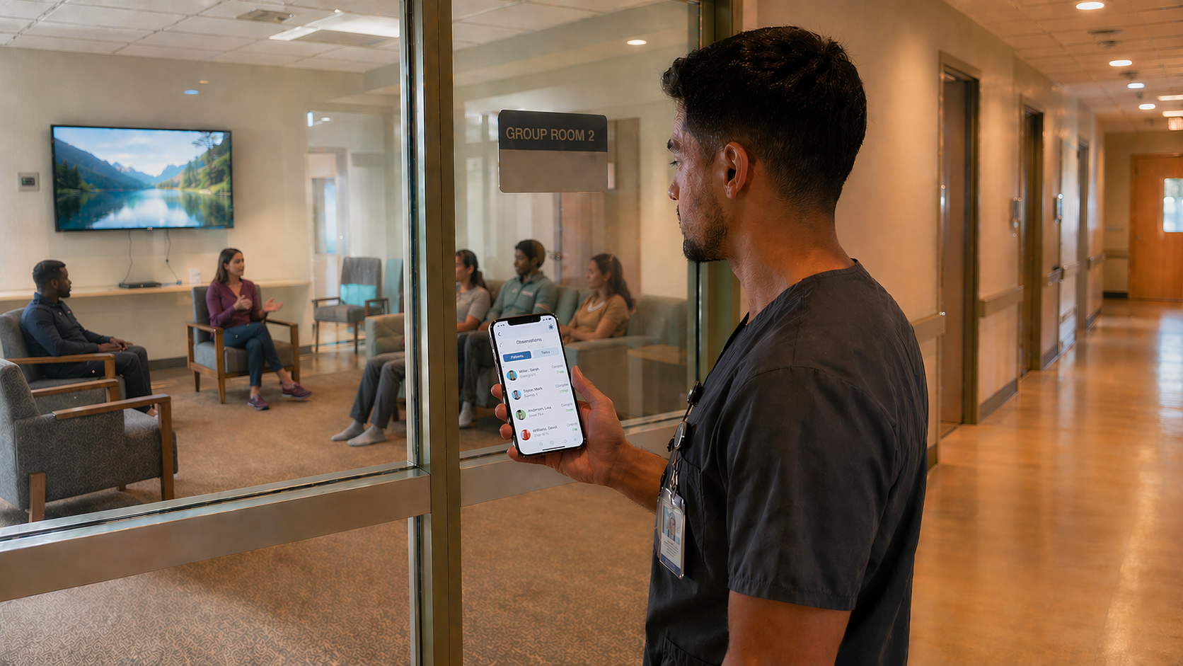 Staff member using VisibleHand app to monitor a group therapy session through the Group Room 2 window