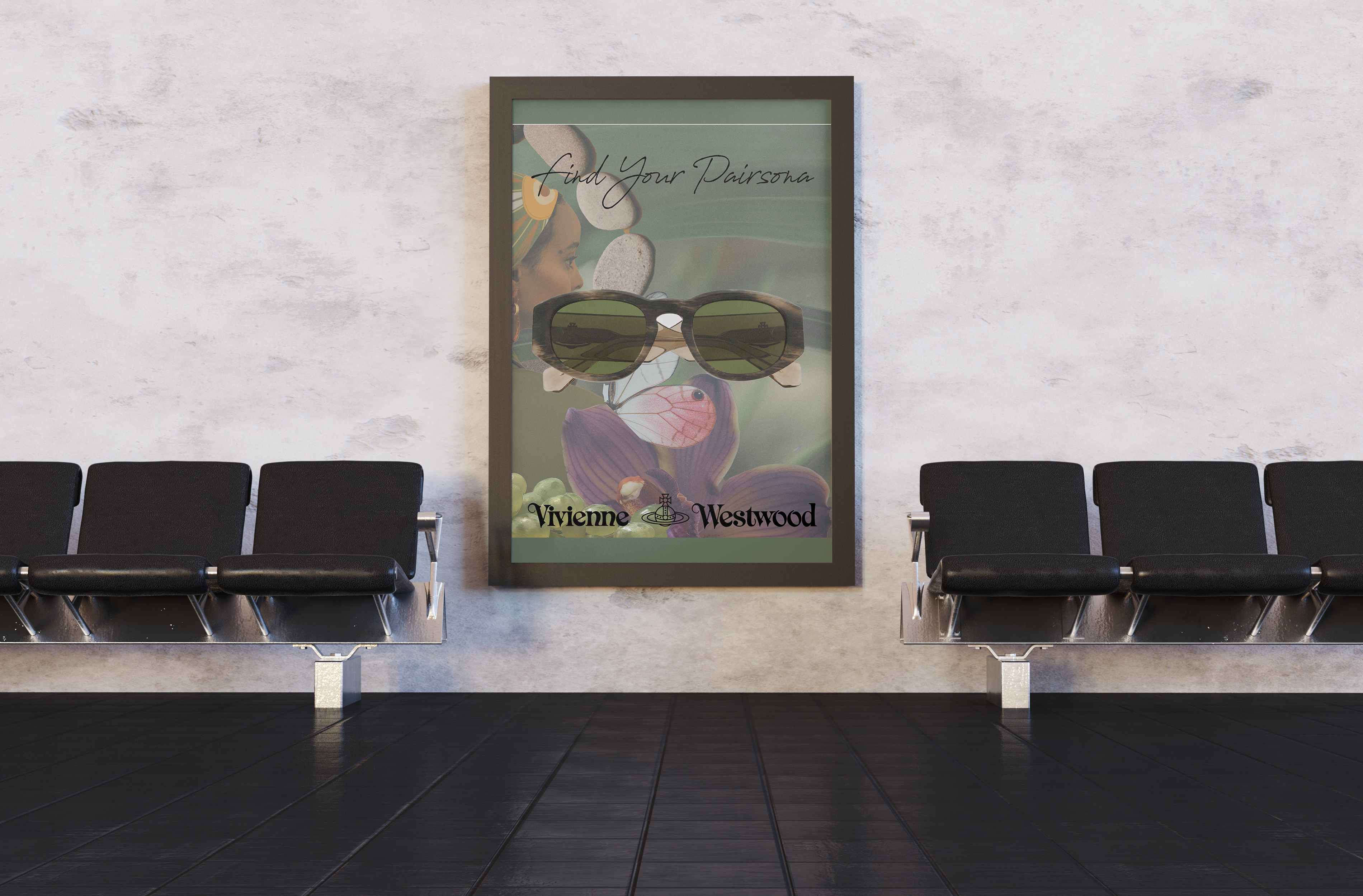 Vivienne Westwood framed poster in airport waiting area