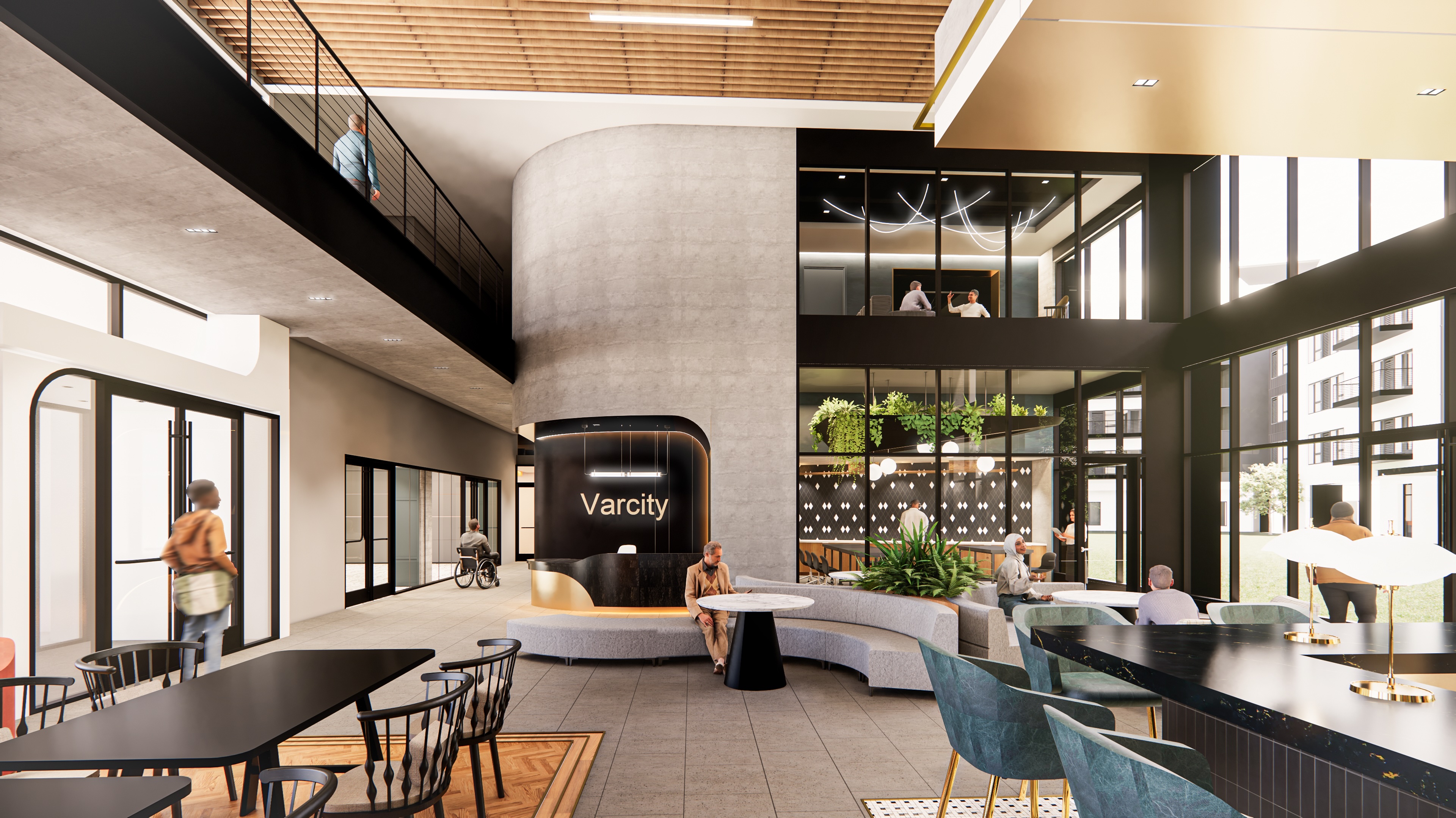 Double-height Varcity lobby with curved reception desk, warm wood ceiling, and lounge seating