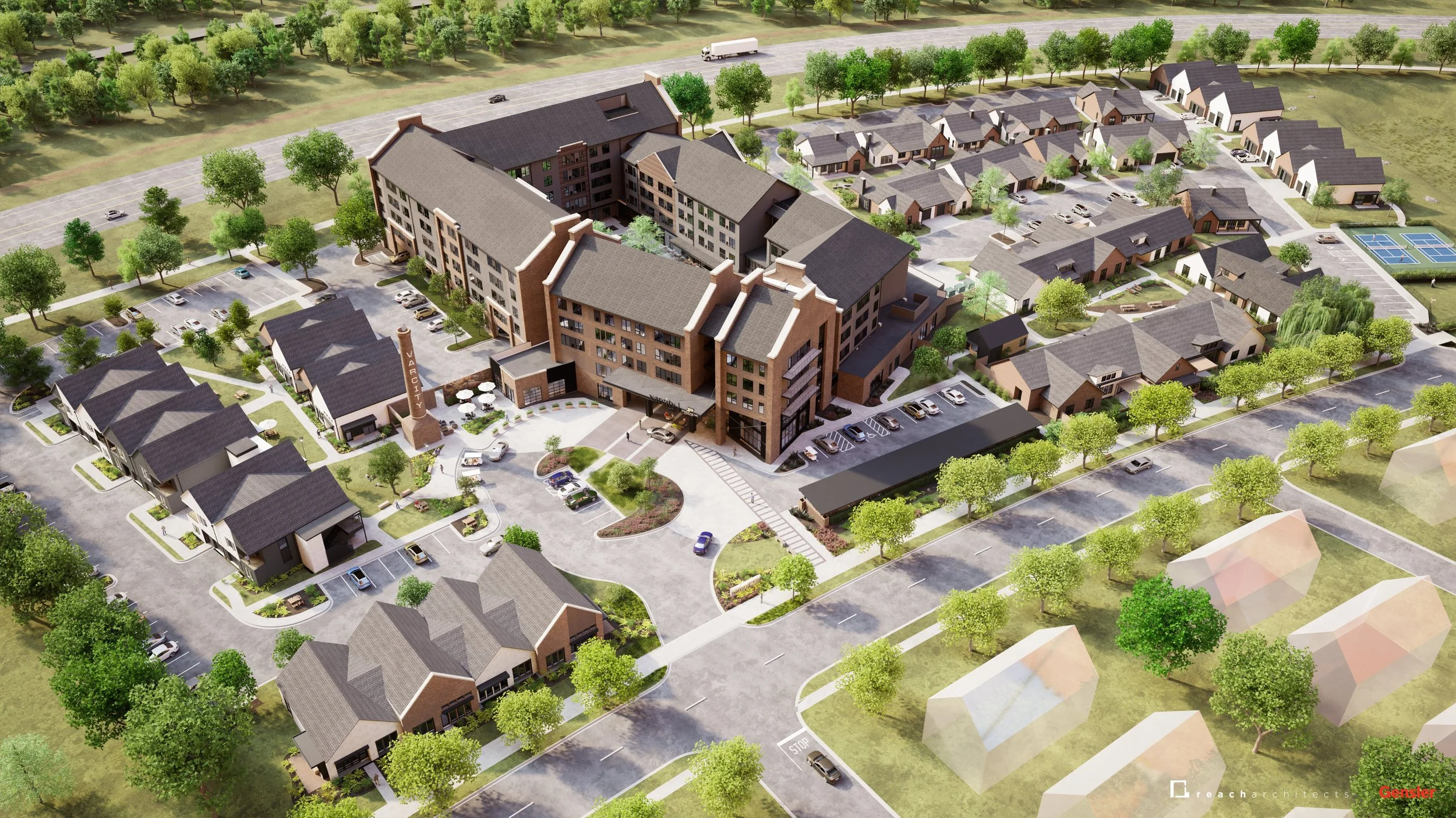 Aerial rendering of the Varcity at Purdue community showing the main residence, townhomes, and grounds