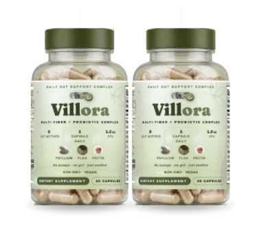 Two bottles of Villora daily gut support supplement