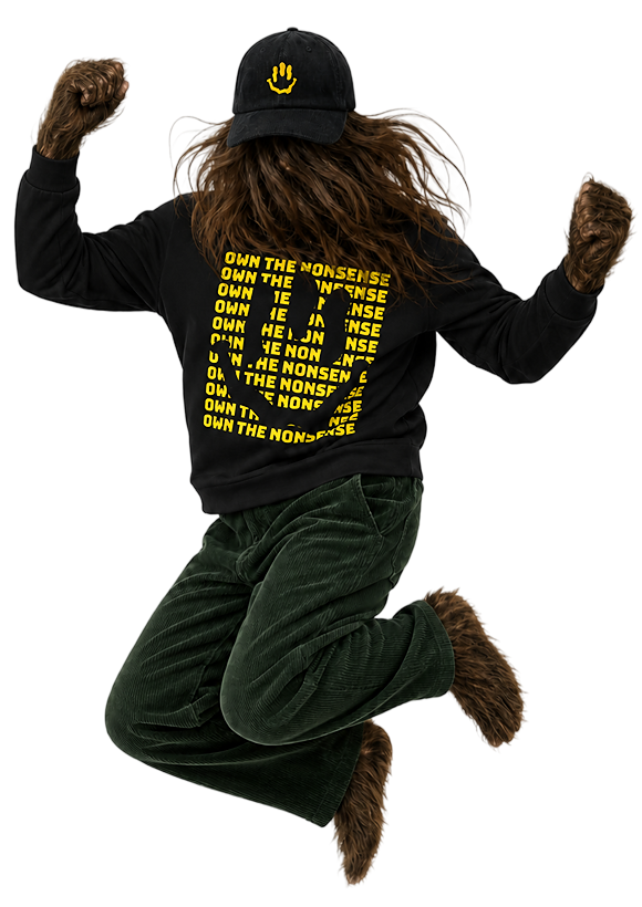 ABSRRD character in black hoodie with yellow text and green corduroy pants