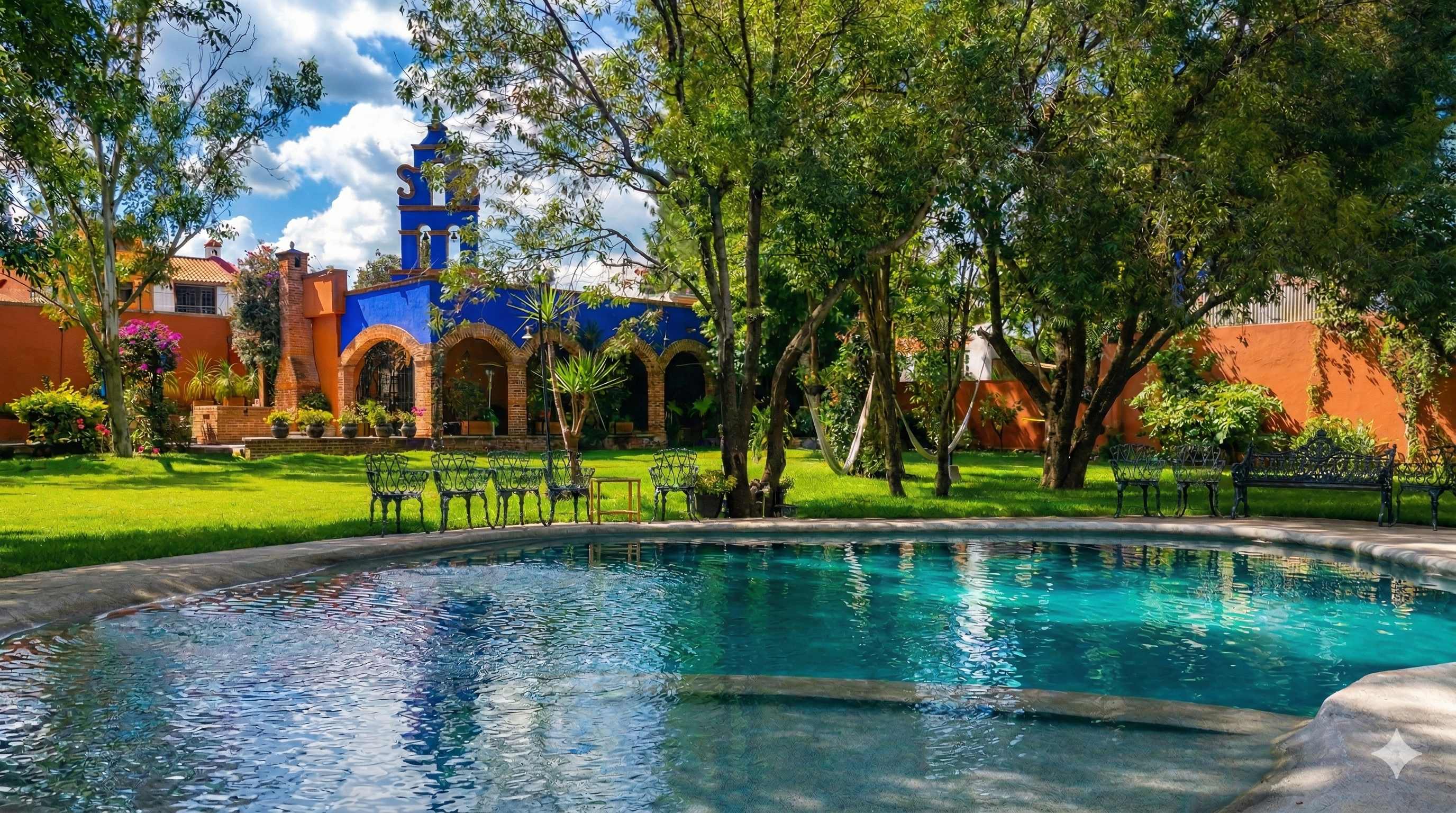 Alberca principal con arquitectura colonial