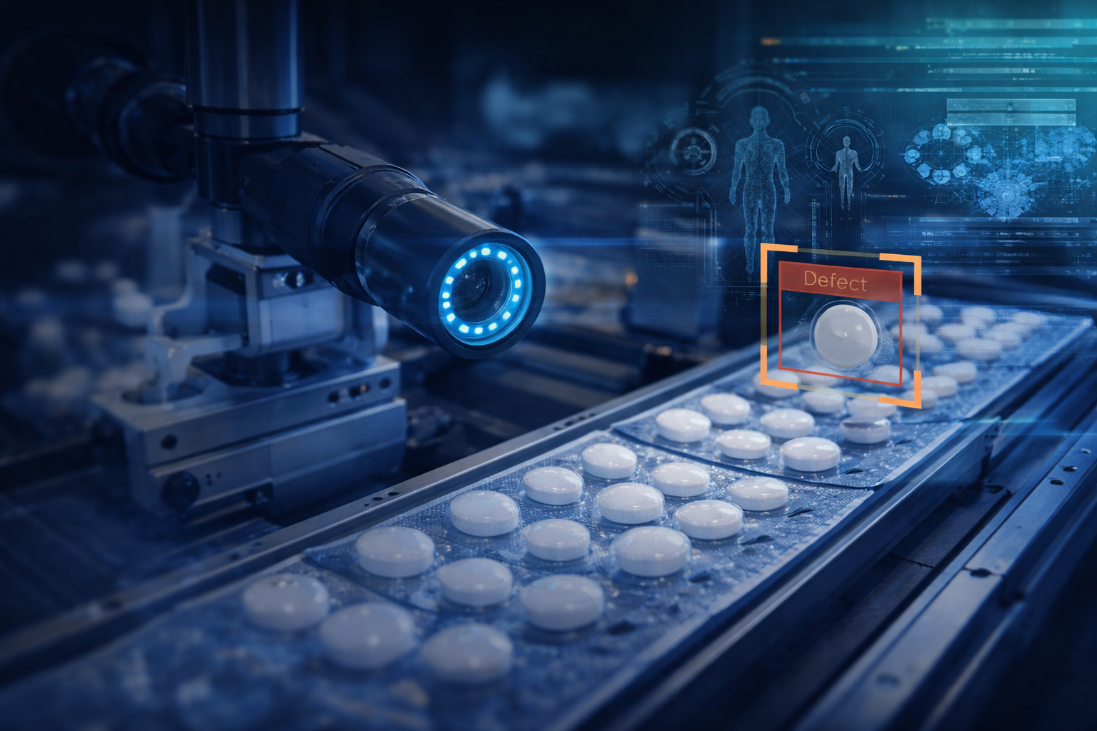 AI-powered visual inspection detecting defects on a production line