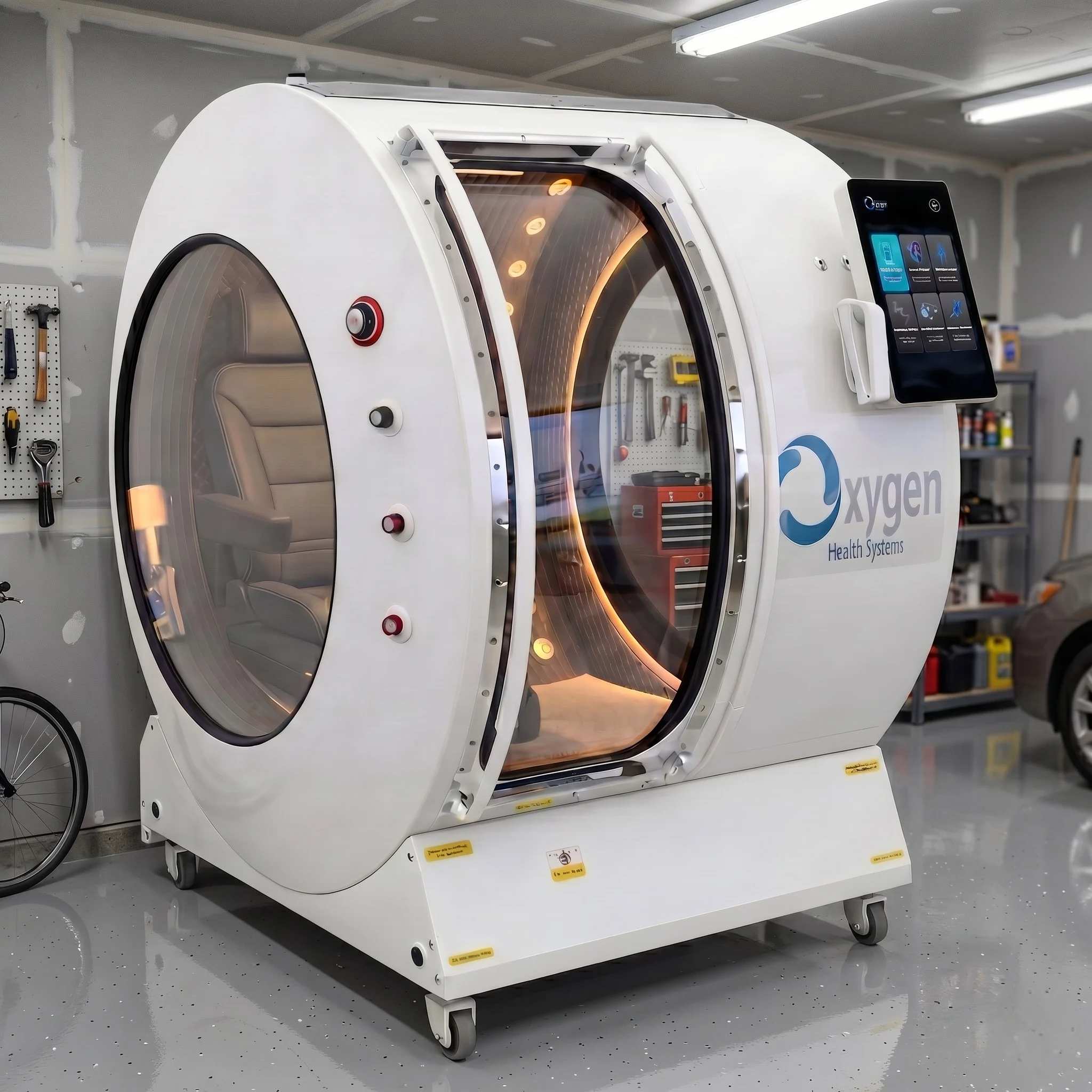 VitalSphere in Garage — home hyperbaric oxygen chamber installed in a garage