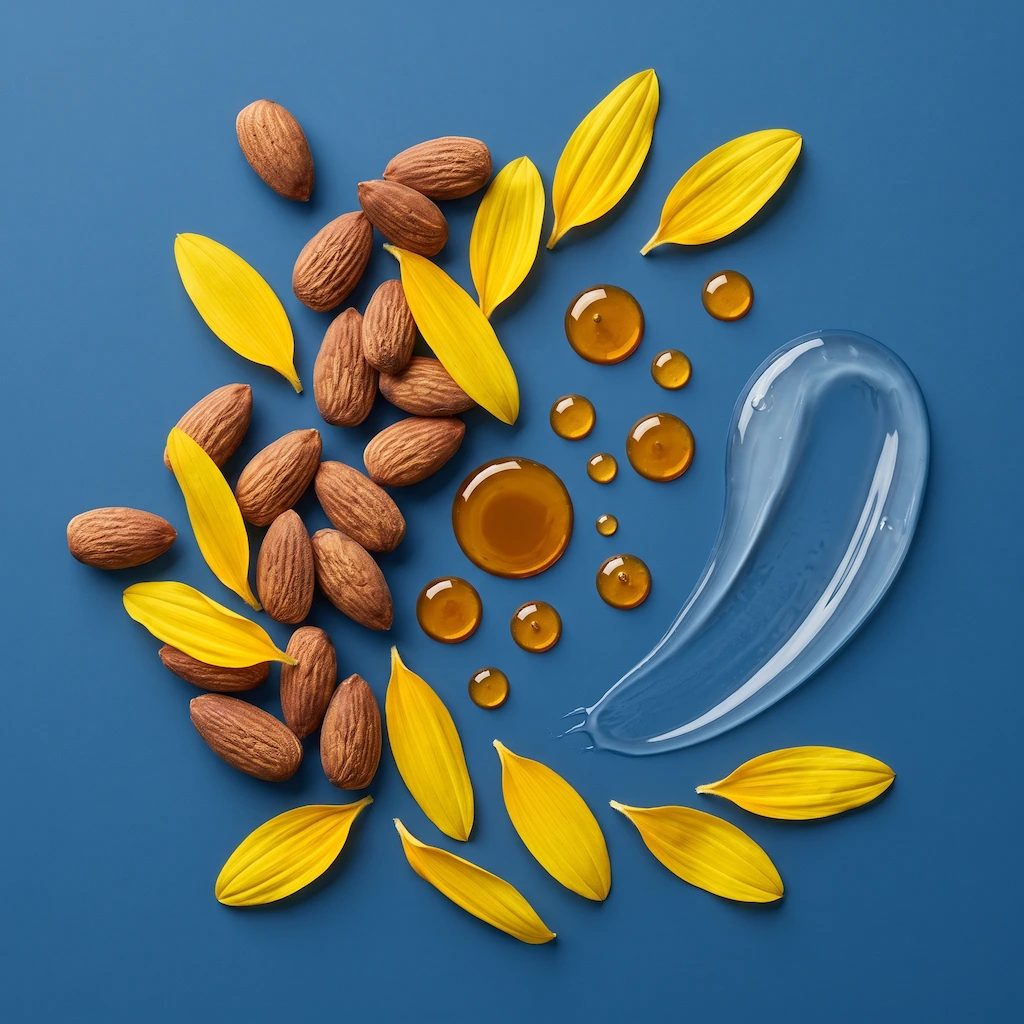 Almonds and bright yellow flower petals with golden oil drops on a blue background