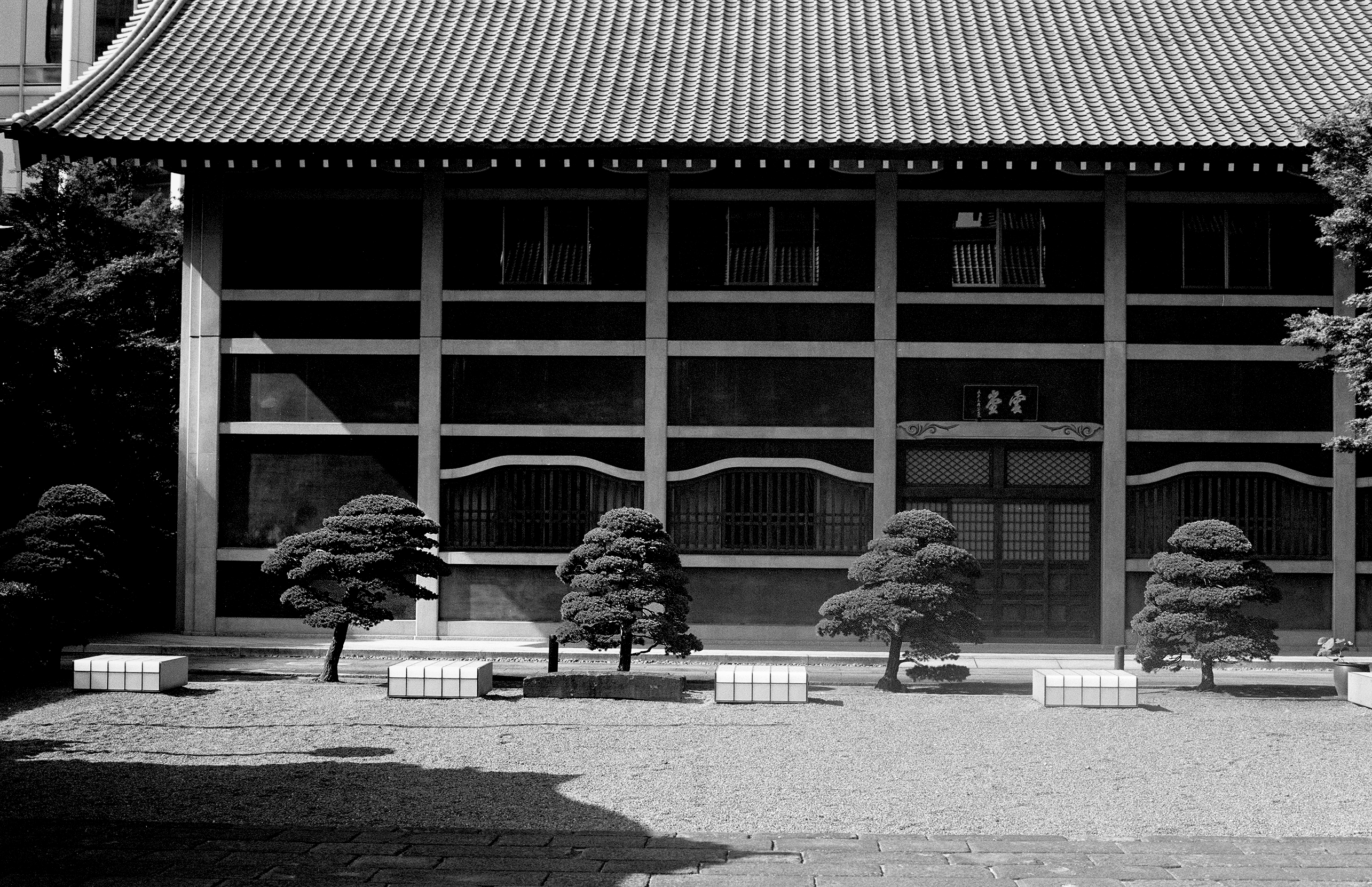 Traditional Japanese temple with curved tiled roof and grid-patterned windows framed by manicured bonsai trees