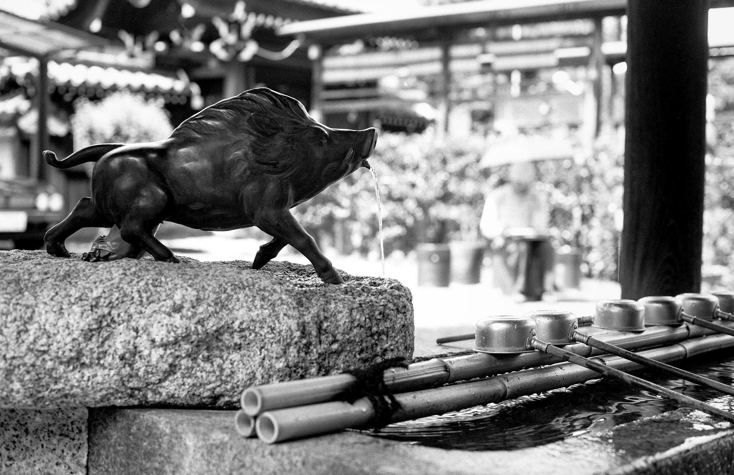 Bronze boar statue on stone base with water ladle and bamboo vessels in traditional temple garden setting