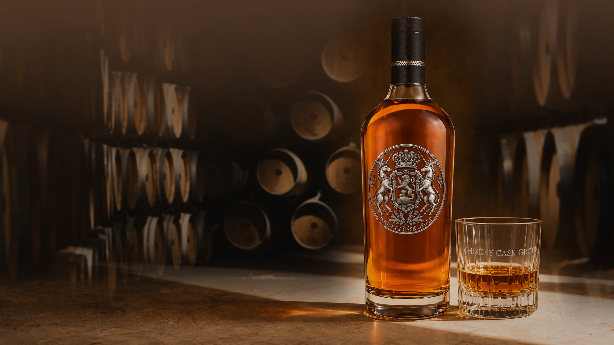 WCG Scotch whisky bottle with heraldic crest in a barrel warehouse