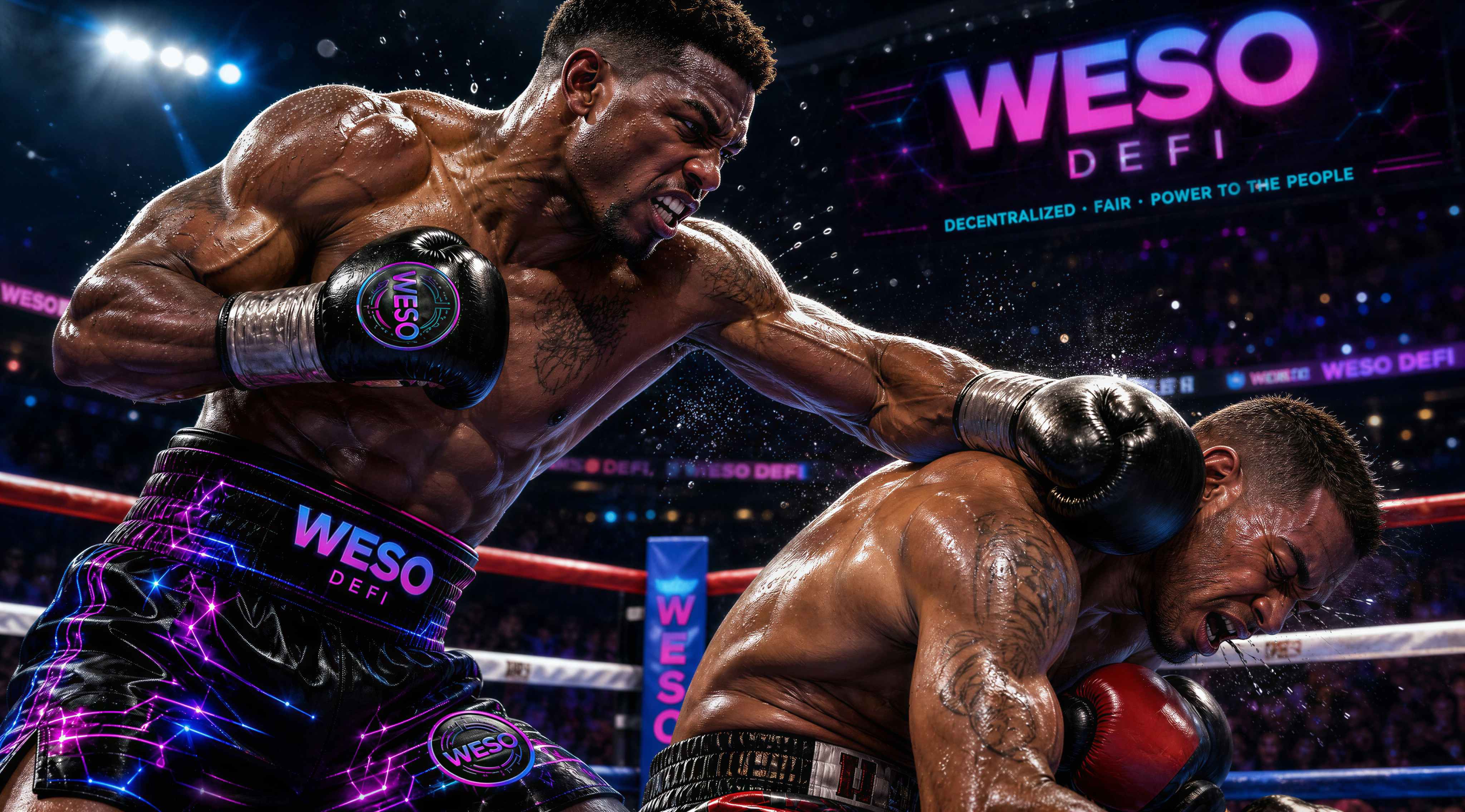 WESO DeFi — boxer in WESO-branded gloves and trunks landing a punch in the ring, 'WESO DeFi - Decentralized, Fair, Power to the People' banner