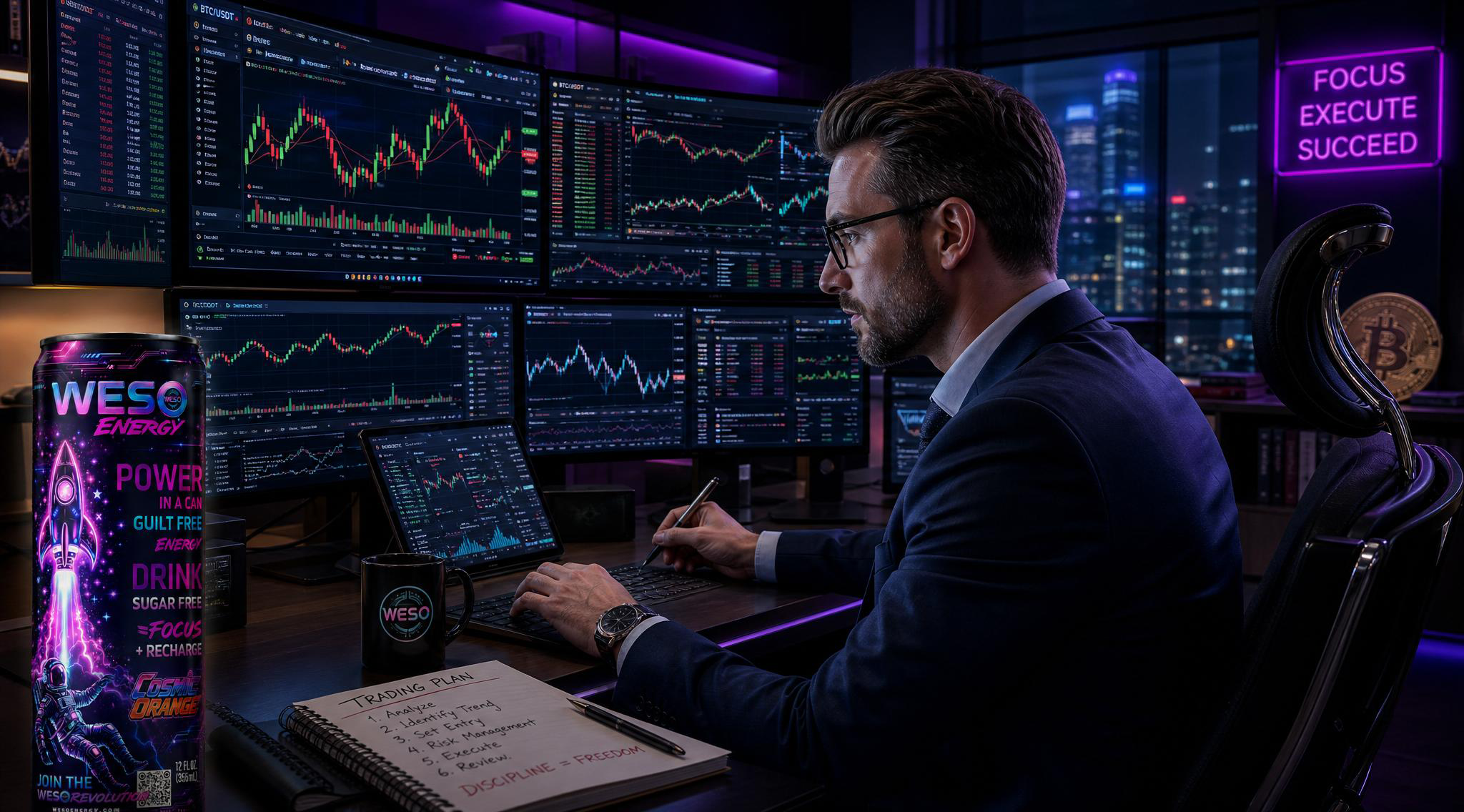 WESO Energy — focused trader in glasses at a multi-monitor crypto trading desk with a WESO can and mug, 'Focus Execute Succeed' neon sign